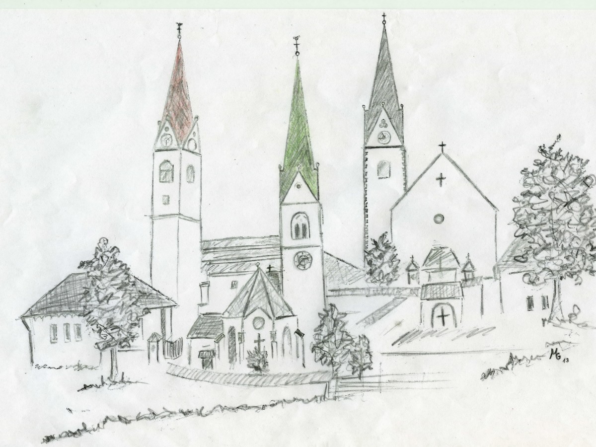 Bleistiftzeichnung der Pfarrkirchen St. Johann i. Walde, Schlaiten und Ainet